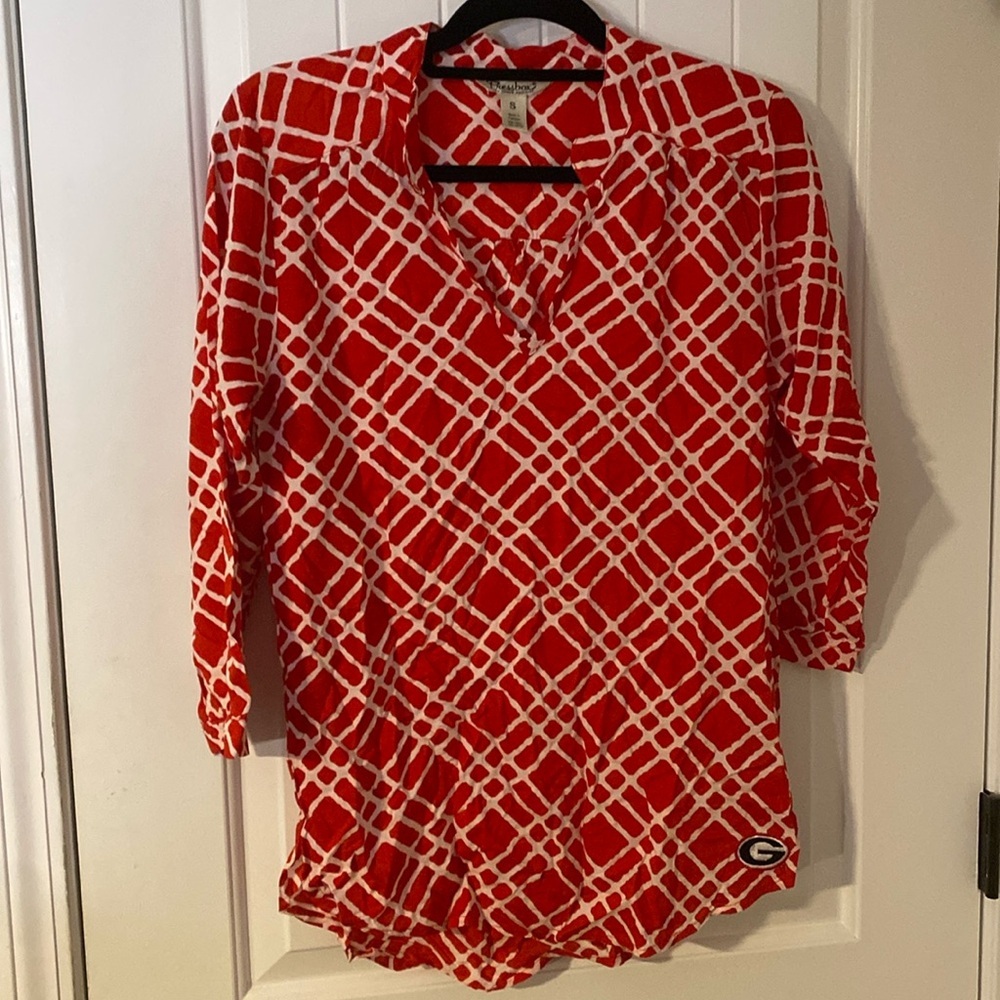 Georgia Bulldogs Pressbox 3/4 Sleeve V-neck Blouse Size S